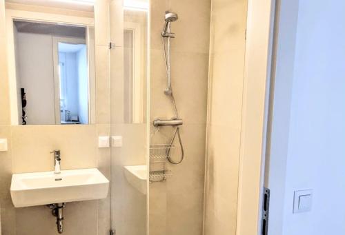 uma casa de banho com um lavatório e um chuveiro em Rooms in Luxury Apartment, Central Vienna near Hauptbahnhof em Viena