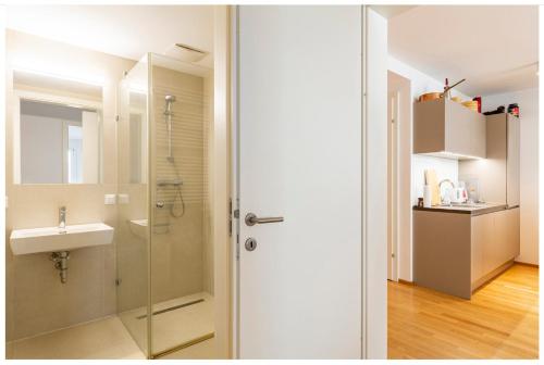 y baño con ducha y lavamanos. en Rooms in Luxury Apartment, Central Vienna near Hauptbahnhof, en Viena