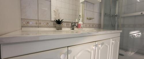 a white bathroom with a sink and a shower at Heavenly 3 bedroom Apartment in Tromsø