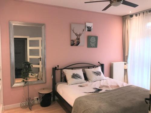 ドルドレヒトにあるStijlvolle benedenwoning Singelのピンクのベッドルーム(ベッド1台、鏡付)