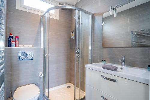 La salle de bains est pourvue d'une douche, de toilettes et d'un lavabo. dans l'établissement Top Floor Terrace - Dernier Etage Terrasse Cosy, à Nice