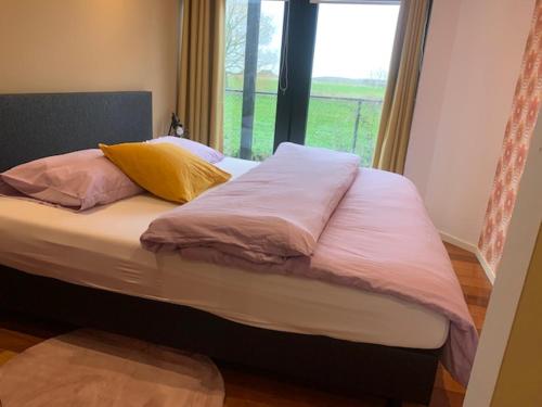ein Bett mit rosa und gelben Kissen und einem Fenster in der Unterkunft B&B NR6 in Herbaijum