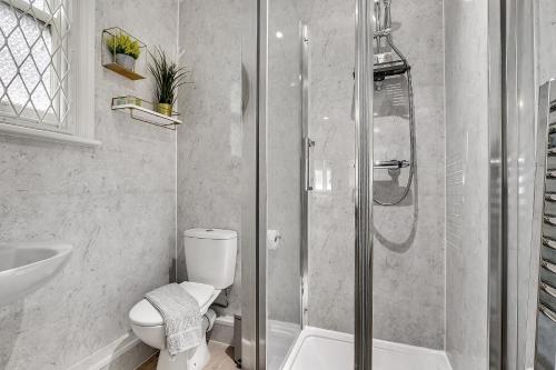 a bathroom with a shower and a toilet and a sink at Lovely Kensington Apartments in London
