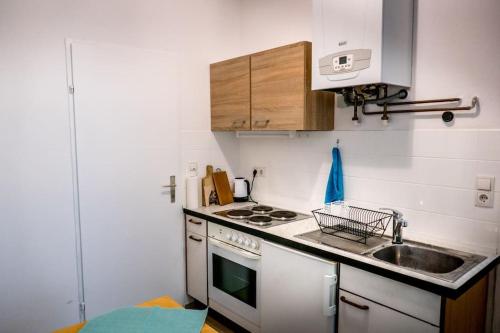 eine kleine Küche mit einer Spüle und einem Herd in der Unterkunft Quiet Apartment - Vienna in Wien