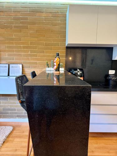 a kitchen with a black counter with a toy on it at EcoFlat Moderno e Aconchegante in Bonito