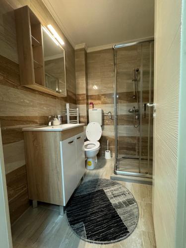 a bathroom with a shower and a toilet and a sink at Amina in Tuzla