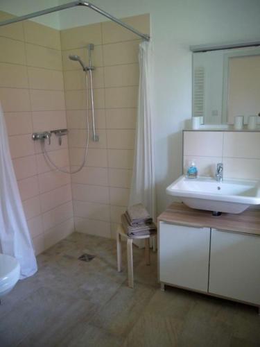 a bathroom with a sink and a shower at Ferienwohnung Axeli Knapp in Schleswig