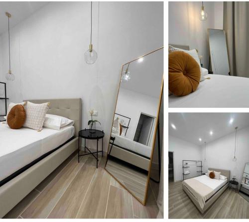 two pictures of a bedroom with a bed and a mirror at Sciantusa in Avola