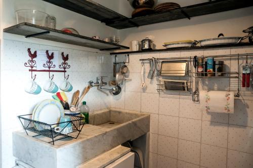 eine Küche mit einem Waschbecken und Küchenutensilien an der Wand in der Unterkunft Casa del Pastore in Stellanello