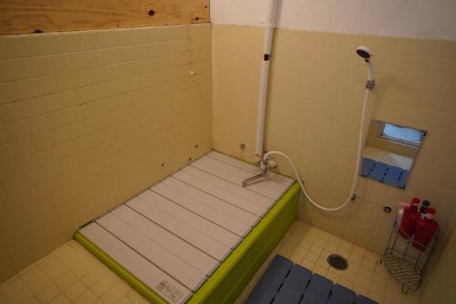 La salle de bains est pourvue d'une petite douche avec plateforme. dans l'établissement 白馬シェア 落倉店 Hakuba share-Ochikura, à Yotsuya