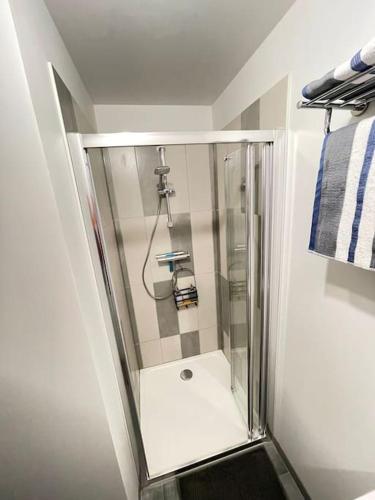 une douche avec une porte vitrée dans une salle de bain dans l'établissement La maisonnette Saint-quentinoise, à Saint-Quentin