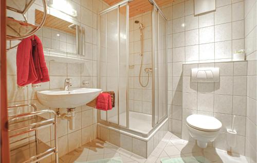 ein Bad mit einer Dusche, einem WC und einem Waschbecken in der Unterkunft Lovely Apartment In St, Gallenkirch With Kitchen in Sankt Gallenkirch