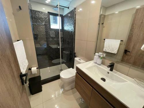 a bathroom with a toilet and a sink and a shower at Apartamento 1Dorm piso 14 Equipe in Santa Cruz de la Sierra