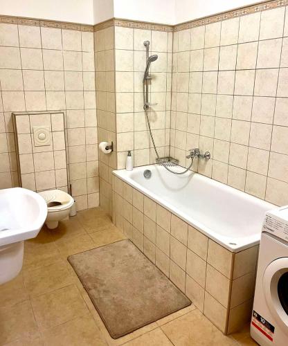 łazienka z wanną i toaletą w obiekcie Zen Apartman w mieście Budakalász