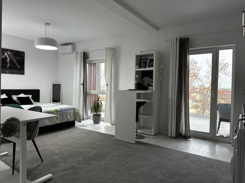 a white room with a bed and a desk in it at REEAS APARTAMENT 13 in Chişoda