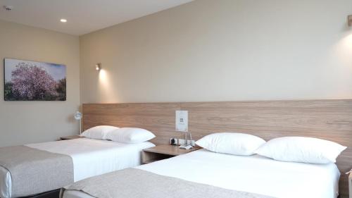 a hotel room with two beds with white pillows at Chairu Eco Hotel in Santa Cruz de la Sierra