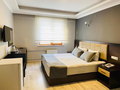 een slaapkamer met een bed en een televisie. bij Animos Butik Otel in Ankara