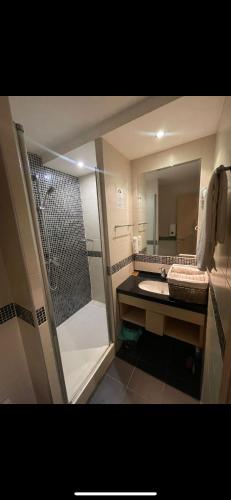 a bathroom with a shower and a sink at Apartmani Dušica Konaci Kopaonik in Kopaonik