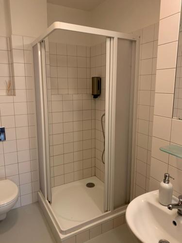 a shower in a bathroom with a sink and a toilet at Mitte Apartments in Brno