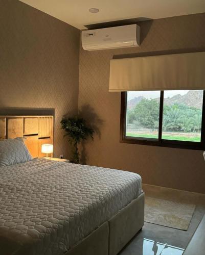 ein Schlafzimmer mit einem großen Bett und einem Fenster in der Unterkunft Alhara Lodge استراحة الحارة 