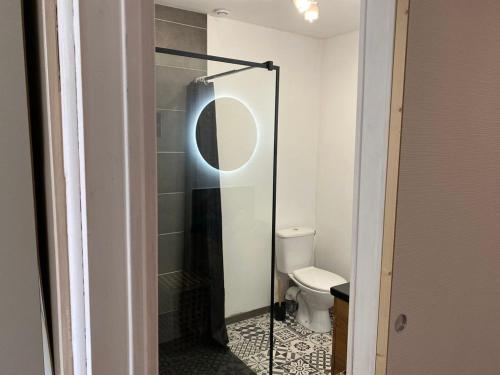 een badkamer met een toilet en een glazen douchedeur bij La Ptit Sophie - Conciergerie Leroy in Boulogne-sur-Mer