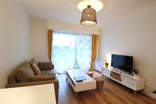 un salon avec un canapé et une télévision dans l'établissement Olivia - T2 - confort - wifi- parking, à Vannes