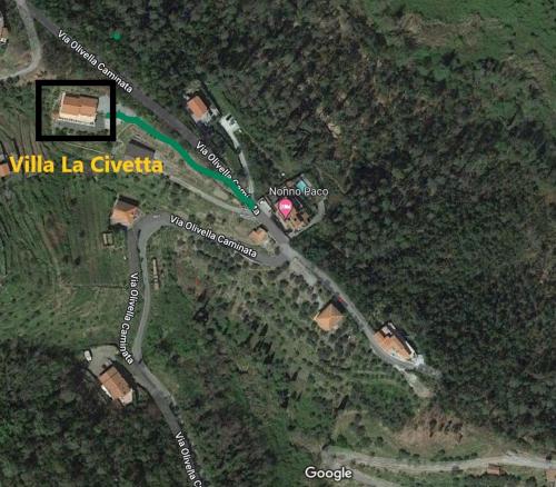 um mapa de uma estrada com um círculo vermelho em La Civetta - Relax tra verde e mare a 10 minuti da Sestri Levante em Casarza Ligure