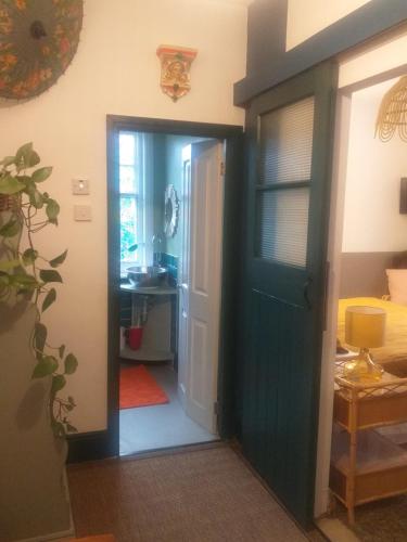 a hallway with a green door and a sink at Jesmond B&B Kingsize Ensuite Room 2 in Hull