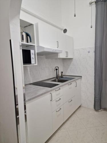 eine weiße Küche mit einer Spüle und einer Mikrowelle in der Unterkunft Cinzia's House of Mirrors in Pisa
