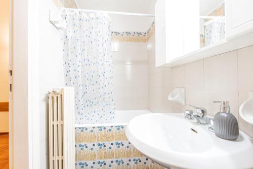 La salle de bains est pourvue d'un lavabo et d'une douche. dans l'établissement APT centrale vista lago Incredibile posizione, à Desenzano del Garda