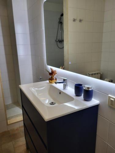 a bathroom with a sink and a mirror at Piccolo Loft in Foligno