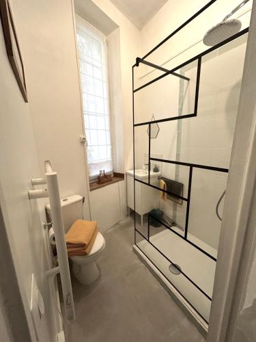 La salle de bains est pourvue de toilettes et d'une cabine de douche en verre. dans l'établissement Lovely studio Crimee, à Paris