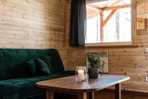 a living room with a green couch and a table at Kempings Bejas in Babīte