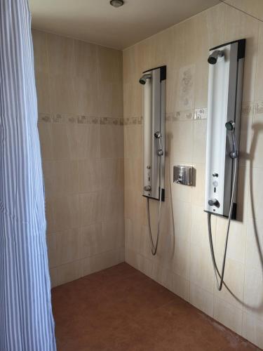 a shower stall in a bathroom with a shower curtain at Pūķarags brīvdienu māja in Pape