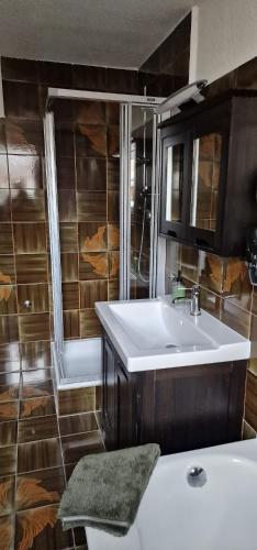 a bathroom with a white sink and a shower at Landau Lieblingsplatz in Bad Arolsen