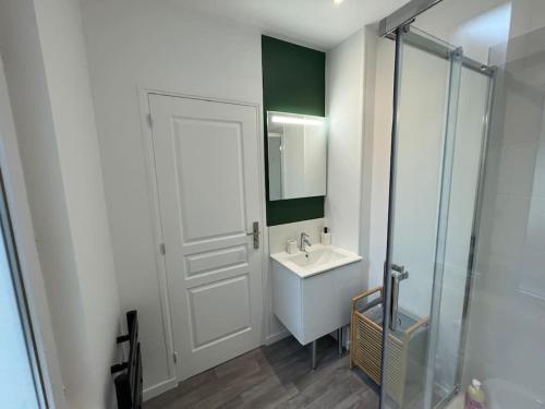 een witte badkamer met een wastafel en een douche bij Pétunia - STUDIO - PROCHE CENTRE VILLE avec jardin in Bolbec