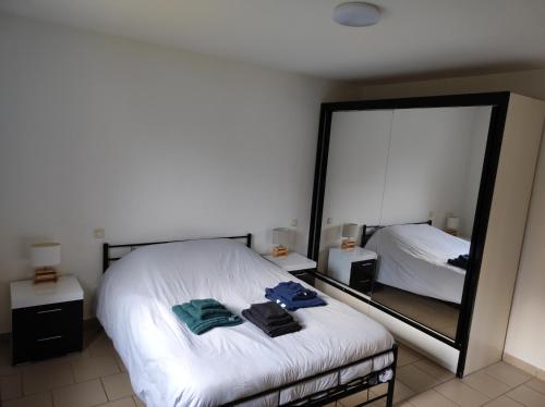 sypialnia z łóżkiem i dużym lustrem w obiekcie Appartement T2 cosy w mieście Gourdon