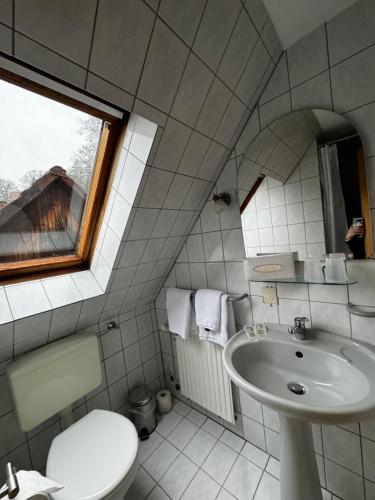 ein Bad mit einem Waschbecken, einem WC und einem Fenster in der Unterkunft Lucia's ElbHotelchen in Lauenburg