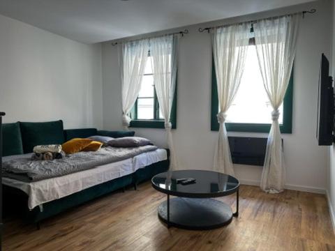 札格雷布的住宿－Old Roofs，一间卧室配有一张床、一张桌子和两个窗户