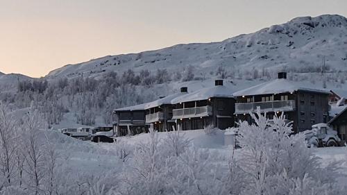 un edificio cubierto de nieve frente a una montaña en Katterjåkk Apartments en Riksgränsen