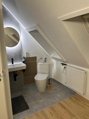 La salle de bains est pourvue de toilettes et d'un lavabo. dans l'établissement Gemütliches Apartment mit Arbeitsplatz, Smart-TV, WLAN in Hamm Mark, à Hamm