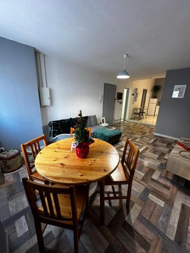 a living room with a wooden table and chairs at Superbe appartement in Lamalou-les-Bains