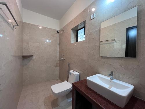 a bathroom with a sink and a toilet and a mirror at Morjim Sunset Guesthouse- Apartments with Kitchen in Morjim