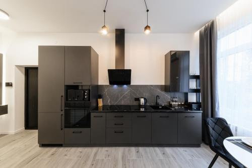 a kitchen with stainless steel appliances and black cabinets at Luxury Apartments Laborca in Uzhhorod