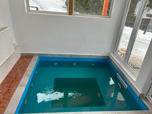 a small swimming pool in a room with a window at Cabana Cerbul-Oasa-Transalpina in Ciban