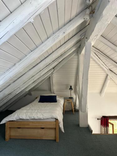 a bedroom with a bed in a attic at Gîtes Sous Les Loges in Lélex