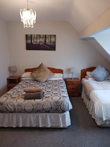 a bedroom with two beds and a chandelier at Airbnb Guesthouse in Athlone