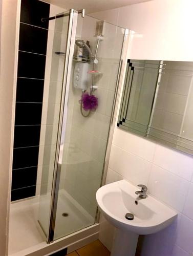 y baño con ducha y lavamanos. en Rosanne's Rest en Stevenage