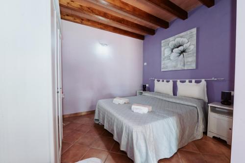 a bedroom with a bed with a purple wall at Agriturismo La Mia Terra in Mesa