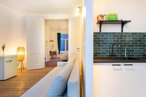 uma cozinha e sala de estar com um sofá e um lavatório em Green Oasis in the city em Antuérpia